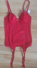 Red Suspender Basque Mesh Bustier Size 34A Sexy Sheer Lingerie Matalan Corset