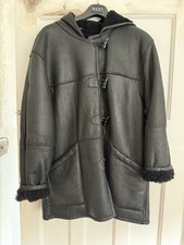 Ladies Black Italian Soft Leather/sheepskin Coat, Hooded, Size14
