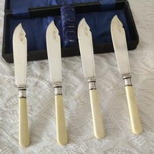 Antique Boxed EPNS Fish Knife and Fork Set  4 Pairs Ivorine Handles c.1900