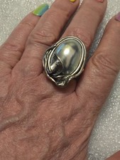 Silver & Black Mabe Pearl Art Noveau Style Ring, Size S, Retailed By Fattorini