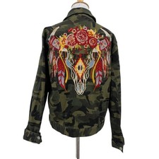 Savanna Jane Jacket Womens M Medium Camo Embroidered Feather Floral Cow Skull