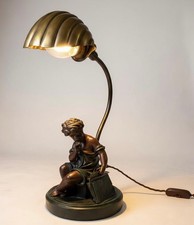 Vintage Accent Lamp The Scholar After Moreau Resin With Brass Shell Shade