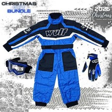 WULF KIDS KART RACE SUIT CUB MX GLOVES GOGGLES MTB QUAD PIT BIKE BLUE OVERALLS