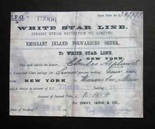TITANIC 4.0" x 5.75" PAPER REPLICA  EMIGRANT FORWARDING INLAND ORDER TO NEW YORK