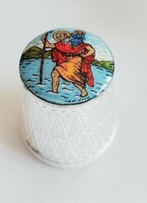 Silver-Plated ~ Thimble ~ Top has Enamel Scene of St Christopher Carrying Jesus