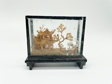 MINI CHINESE CARVED WOOD DIORAMA IN GLASS CASE CRANES COLLECTIBLE