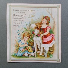 VICTORIAN BIRTHDAY CARD - GIRL PUTTING FLOWER GARLAND ON HOUND DOG