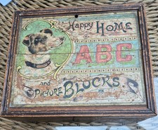 18 Antique  Alphabet Animal Lithograph Wooden Picture Blocks + original box 