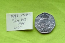 1987 --  UNC  -- ISLE OF MAN Manx 50p coin ** AB Die ** -{ Christmas Xmas }-RARE
