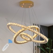 Gold Crystal Pendant Lights Chandelier LED Ceiling Light Dimmable Remote 3-Rings