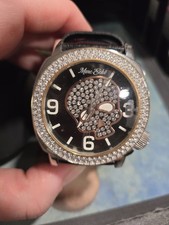 Brand New Vintage Marc Ecko Watch Black Genuine Leather And Crystals Skull