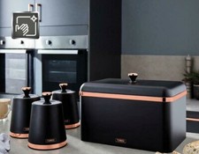 Tower Cavaletto Bread Bin & Canisters Black/Rose Gold Tea Coffee Sugar Storage