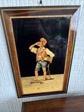 LARGE SORRENTO WARE ITALIAN FISH SELLER MARQUETRY WOODEN INLAY PICTURE 17.5"x11”