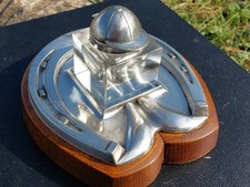 Antique Racing Jockey Hat Daniel & Arter Silver Horseshoe Inkwell on Oak Base