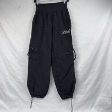 Vtg Zumba Cargo Pants Nylon Women’s Y2K Yoga Workout Snap Black Silver Sz M