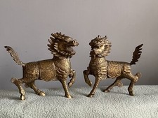 Oriental Asian Brass Kylin, Qilin Chi Lin, Kirin. Foo Dragons Pair