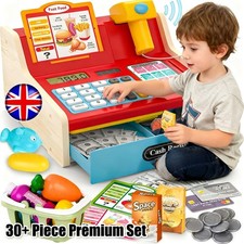 Wooden Toy Cash Register for Kids, Children Toy Till with Scanner Card Machine