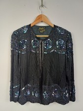 Vintage Black Beaded Sequin Embellished Evening Jacket Top Silk Size M 