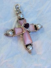 Vintage Shankari Signed  Cluster Of Stones Pearl Sterling Silver Cross  Pendant