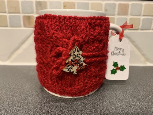 Hand knitted red christmas mug - knitted,