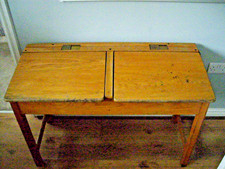 VINTAGE CHILDREN'S DOUBLE SCHOOL DESK IN GREAT CONDITION C/W BRASS INKWELLS