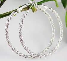 925 Sterling Silver plt Hoop Earrings Large Diamond Cut 50mm Twisted Rope