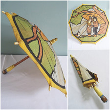 Vintage Girls Parasol 1920s Doll Face Handle Hand Painted Novelty Art Deco 20s