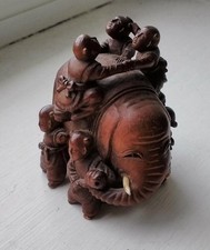 ANTIQUE JAPANESE CARVED WOOD OKIMONO SIGNED ELEPHANT PEOPLE