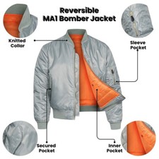 Bomber Jacket MA1 Flight Pilot US Air Force Military Padded Biker Coat Grey