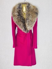 Exquisite Karen Millen Hot Pink Wool Faux Fur Trim MIDI Coat UK14 Stunning