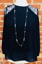 NEXT Blue Blouse Size 8 Navy Lace Floaty  Autumn Excellent S6