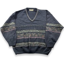 Tom Sayers V Neck Jumper Mens Large Navy Fair Isle Wool Blend Grandad Sweater