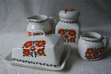 Taunton Vale Retro Orange Flowers Daisy 4 PCS Set Butter Dish Lidded Jar Jugs