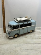 VW Camper Van Model Metal Vintage Style Blue White with Surf Boards 12” Long