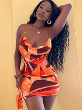 Orange Floral Print Halter Neck Size 10 Mini Dress, Sexy Backless Bodycon, z2