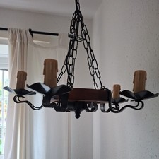 Vintage 5-Arm  black  metal  and wood  gothic style chandelier  ceiling light 