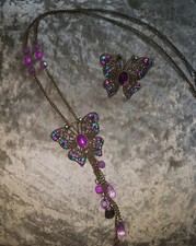 Stunning ladies Matching Long Large Diamante Butterfly Necklace & Ring Set. 