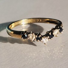 Vintage 9ct Gold Wishbone Ring With Sapphires & Clear Stones ~ Size O