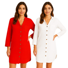 Women’s 100% Cotton Waffle Shirt Dress – Long Sleeve Button-Down Tunic – RRP £19