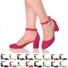 WOMENS LADIES BLOCK LOW MID HEEL ANKLE STRAP PROM EVENING SANDALS SHOES SIZE