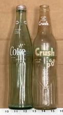 two old glass pop bottles, 16oz. Coca-Cola, 16oz. Crush, pop bottles
