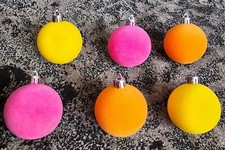 Set of 6 vintage 4cm flocked Christmas tree baubles - Mustard Copper and Fuchsia