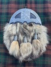 SCOTTISH FULL DRESS FOX FUR KILT SPORRAN Saltire Antique CANTLE With CHAIN BELT