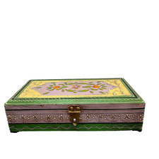 Wooden Lidded Box Indian Hand Painted Folk Art Design for Jewellery Trinkets