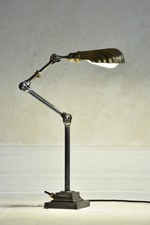 Vintage Dugdill Lamp Industrial Adjustable Desk Cast Base Brass Shell Shade