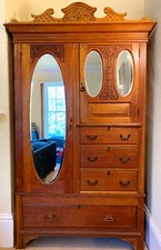 Armoire Antique Wardrobe Cabinet Linen Closet Carved Mirrored Oak 