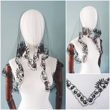 Antique Bonnet Veil Victorian Black Tambour Lace Panel Mourning Ladies c1890