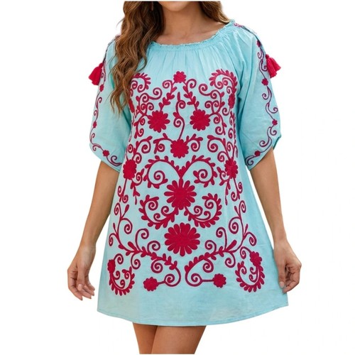 Blue pink embroidered tunic - pink,