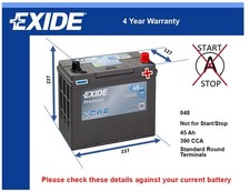 Battery fits LEXUS IS300h RX400h 2.5 3.3 05 to 20 Exide 048 390A 45Ah Quality