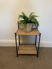 STURDY IRON 2 TIER SIDE OR BEDSIDE TABLE, RATTON SHELVES & GREY IRON FRAME